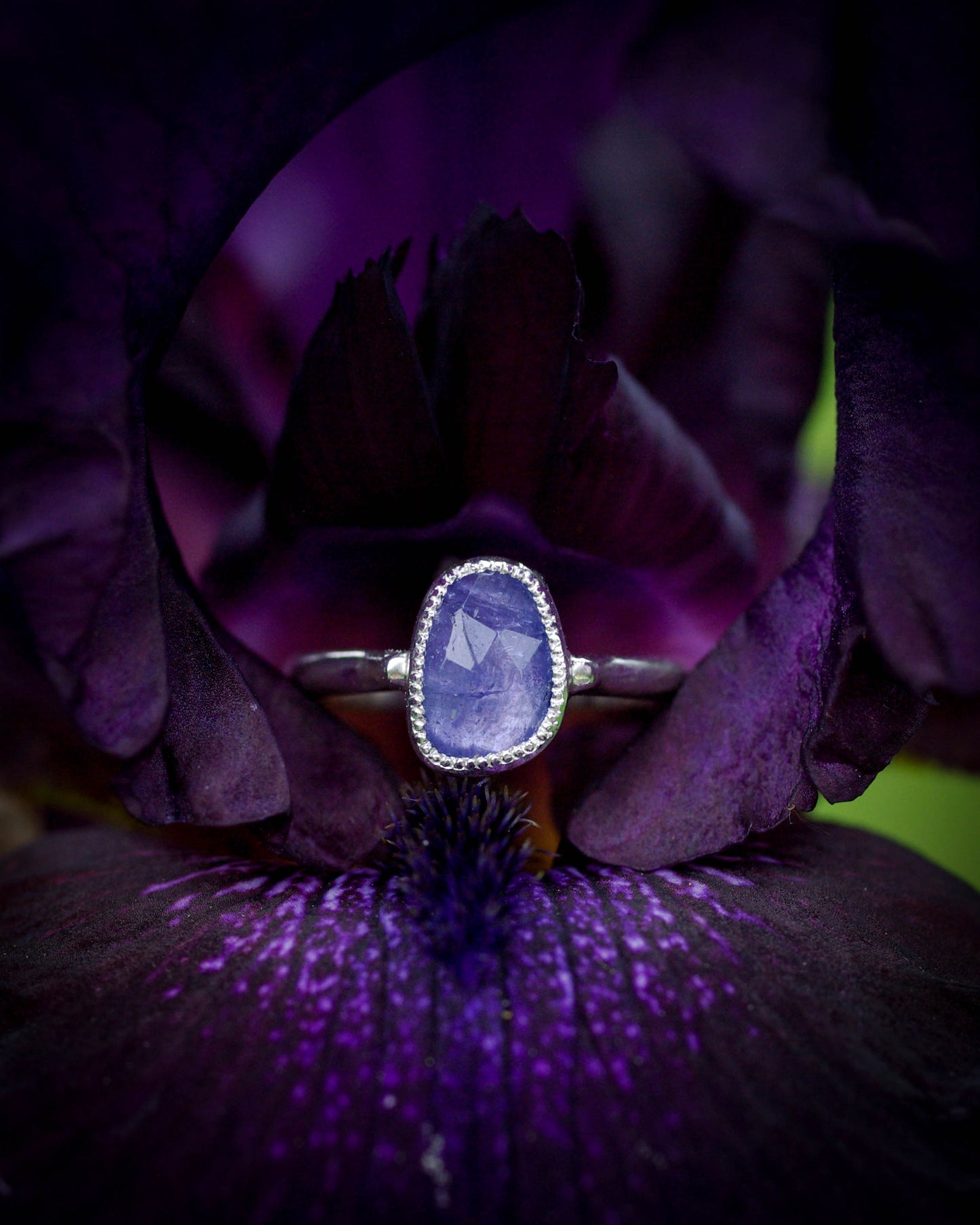 Bague tanzanite asymétrique & perlée 52FR – mini-collection Violet