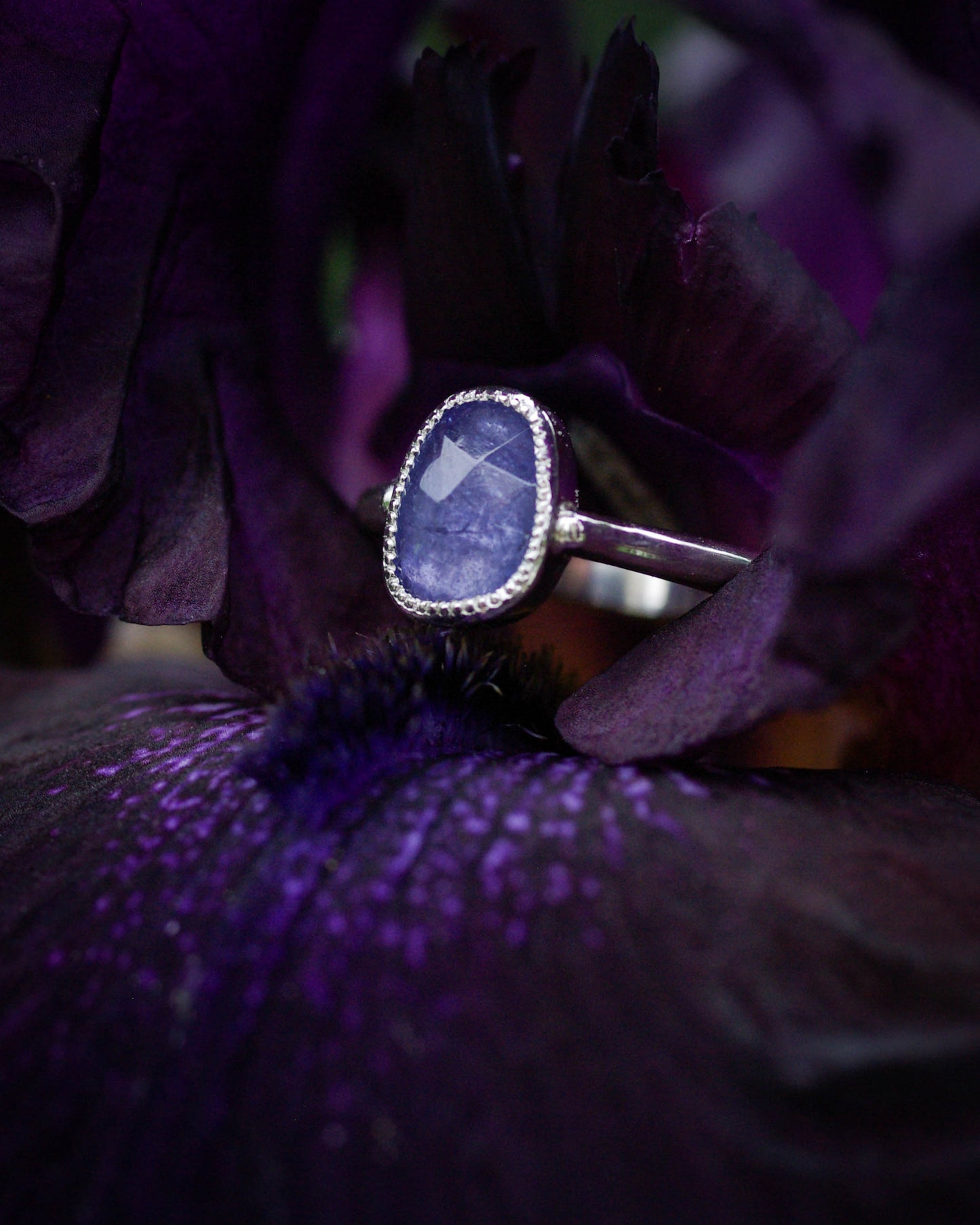 Bague tanzanite asymétrique & perlée 52FR – mini-collection Violet