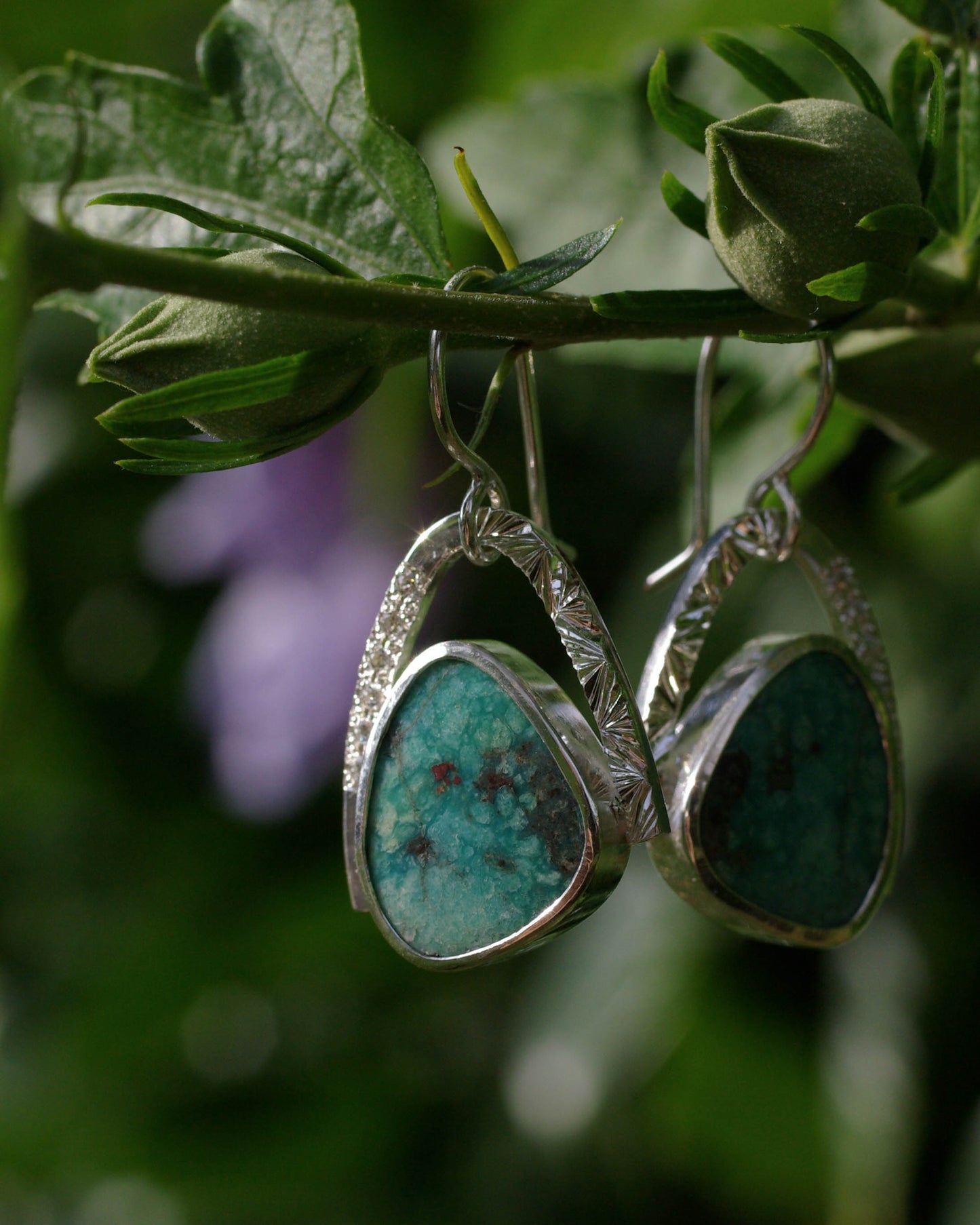 Boucles d’oreilles Turquoise Triangulaire – Argent 925, zirconiums et gravure