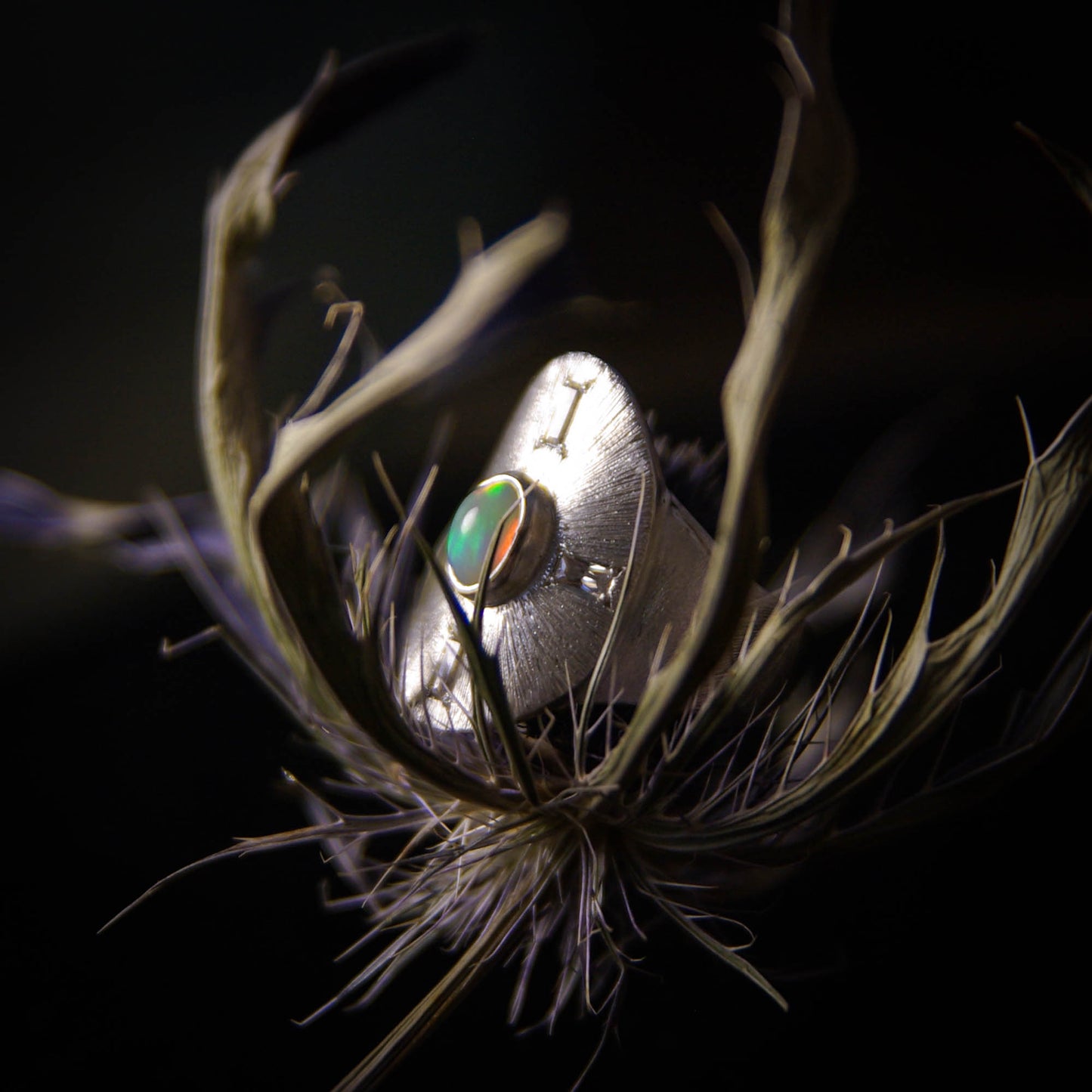Bague "Cosmos" en argent 925 avec opale et oxydes de zirconium - Taille FR55 1/2