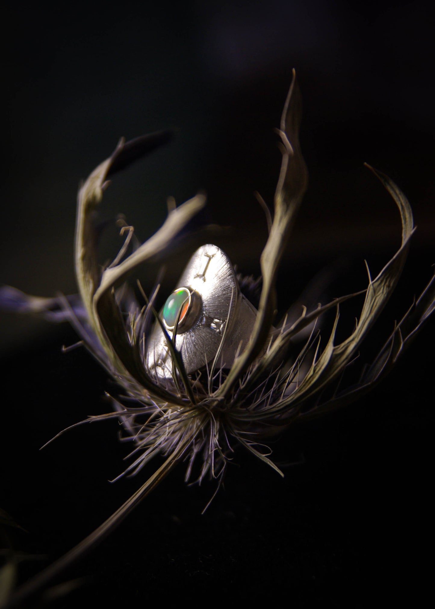Bague "Cosmos" en argent 925 avec opale et oxydes de zirconium - Taille FR55 1/2