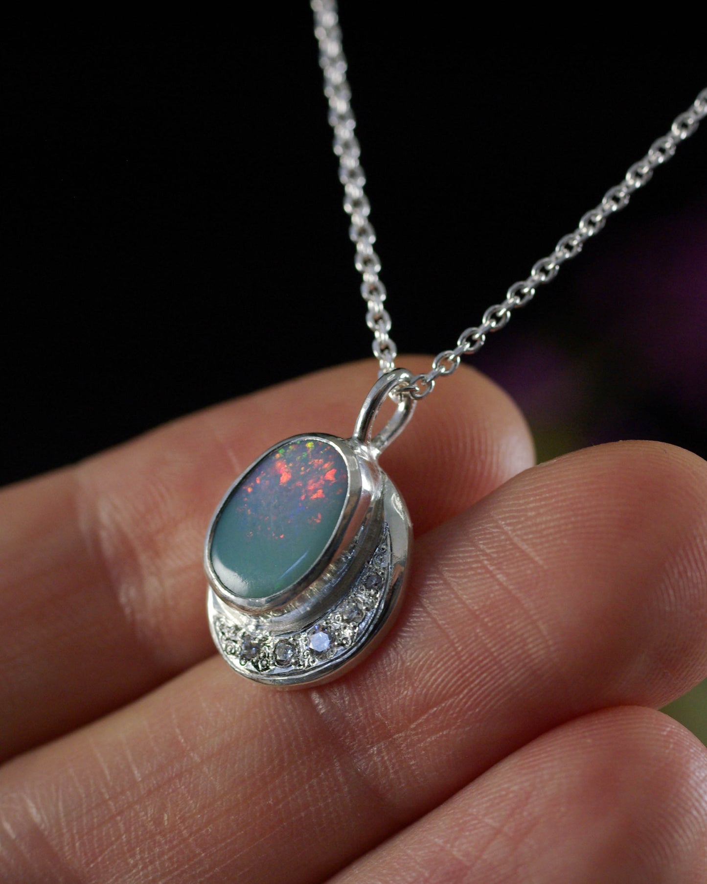 Pendentif Argent 925 Opale Bleu-Gris Zirconiums – Luminescences