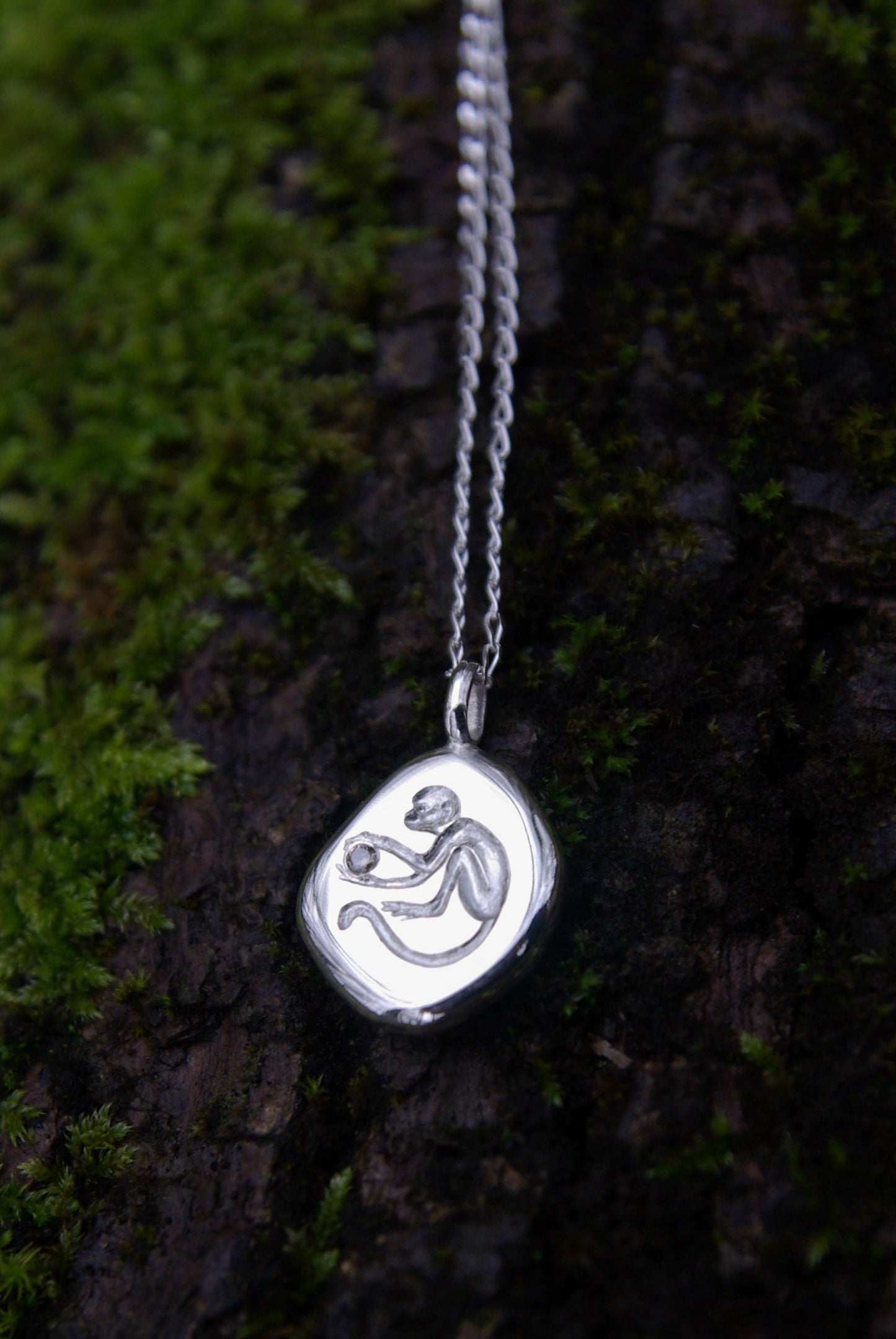 Amulette singe, pendentif gravé en argent 925 et diamant