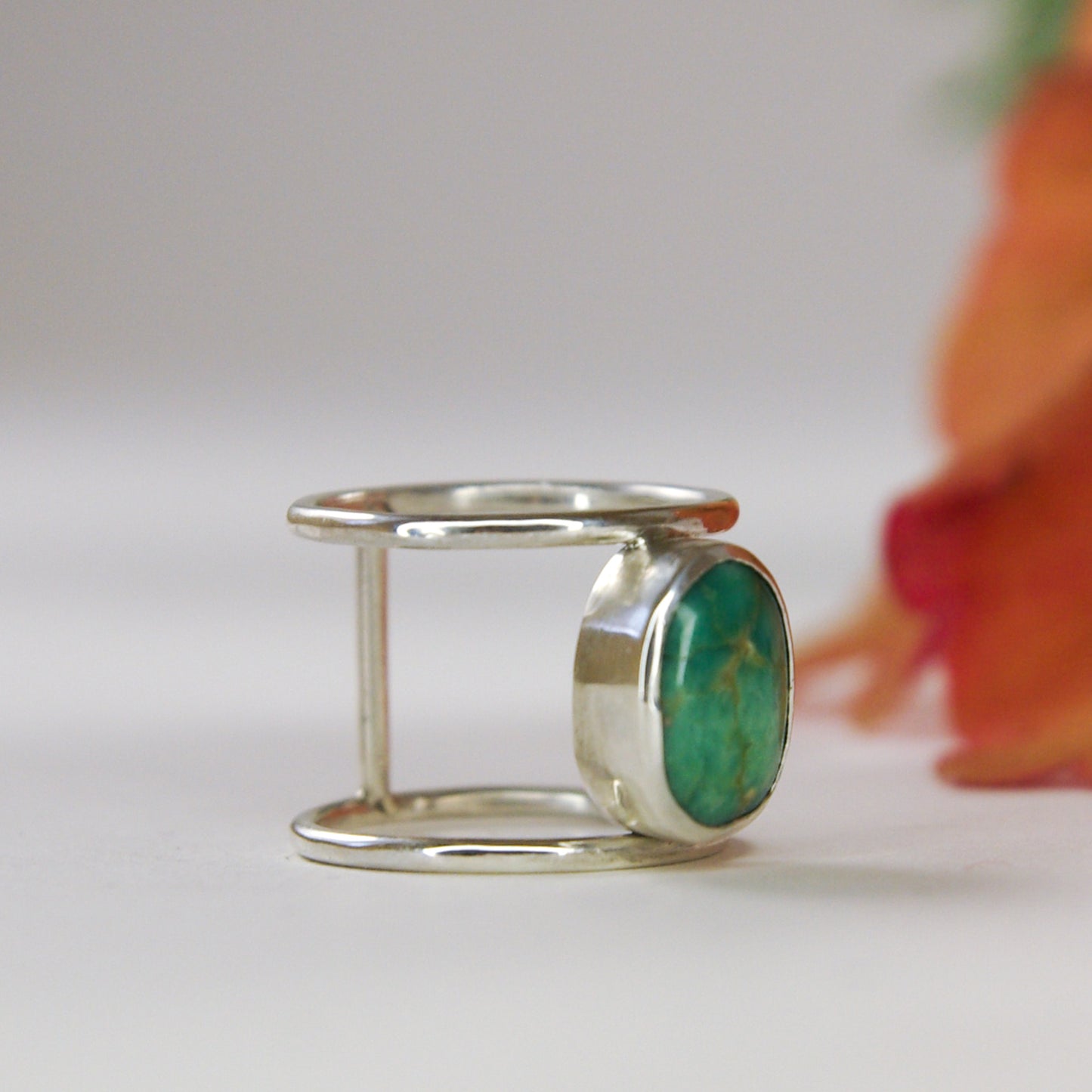 Bague en argent double-anneau et turquoise verte, taille 53FR