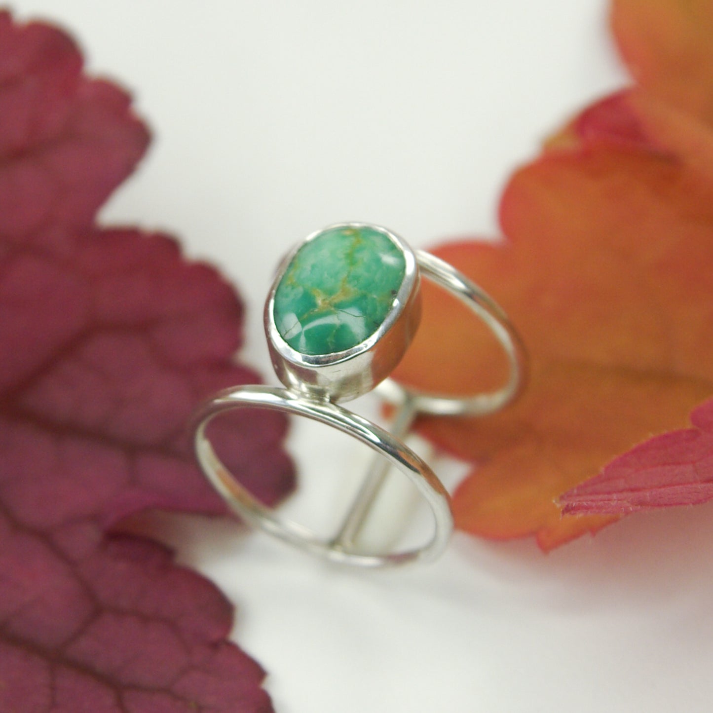 Bague en argent double-anneau et turquoise verte, taille 53FR