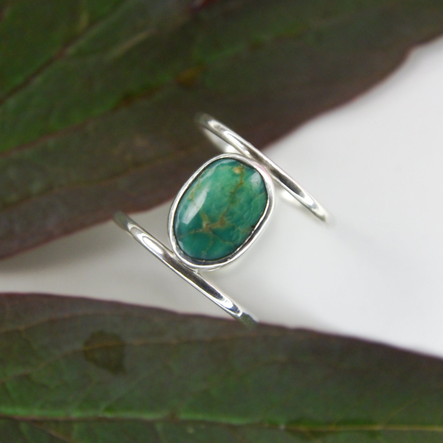 Bague en argent double-anneau et turquoise verte, taille 53FR