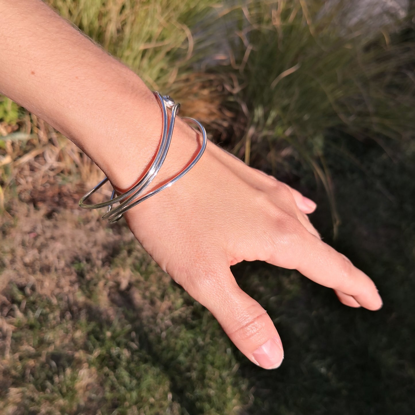 Moires, bracelet en argent 3 anneaux et quartz rutilé
