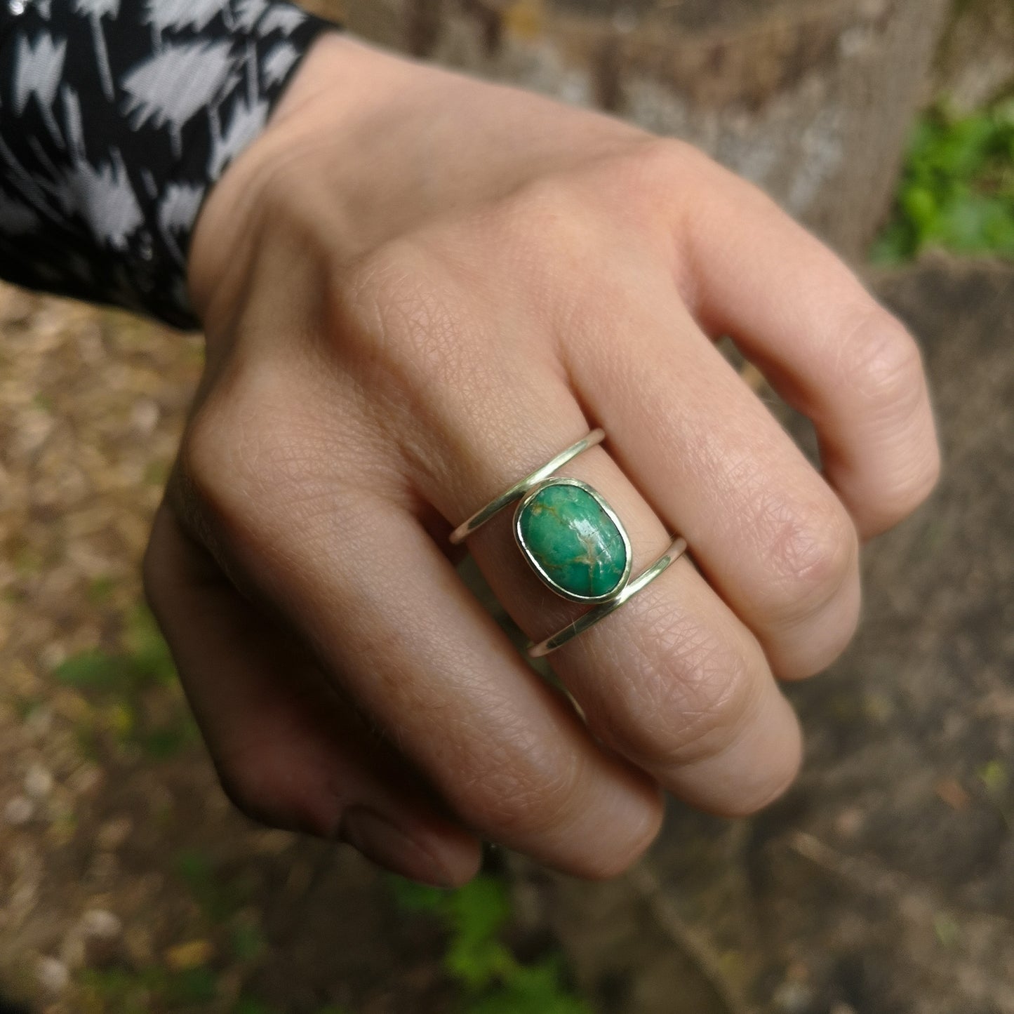 Bague en argent double-anneau et turquoise verte, taille 53FR