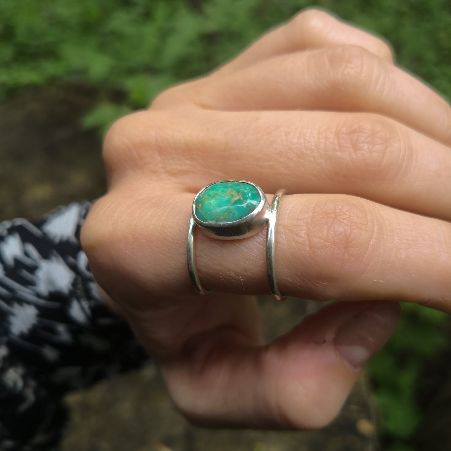 Bague en argent double-anneau et turquoise verte, taille 53FR