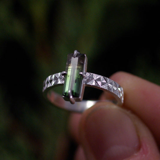 Bague en argent gravée avec tourmaline bicolore 56FR
