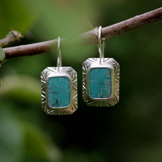 Boucles d’oreilles Turquoise Rectangulaire – Argent 925 gravé, crochets sécurisés