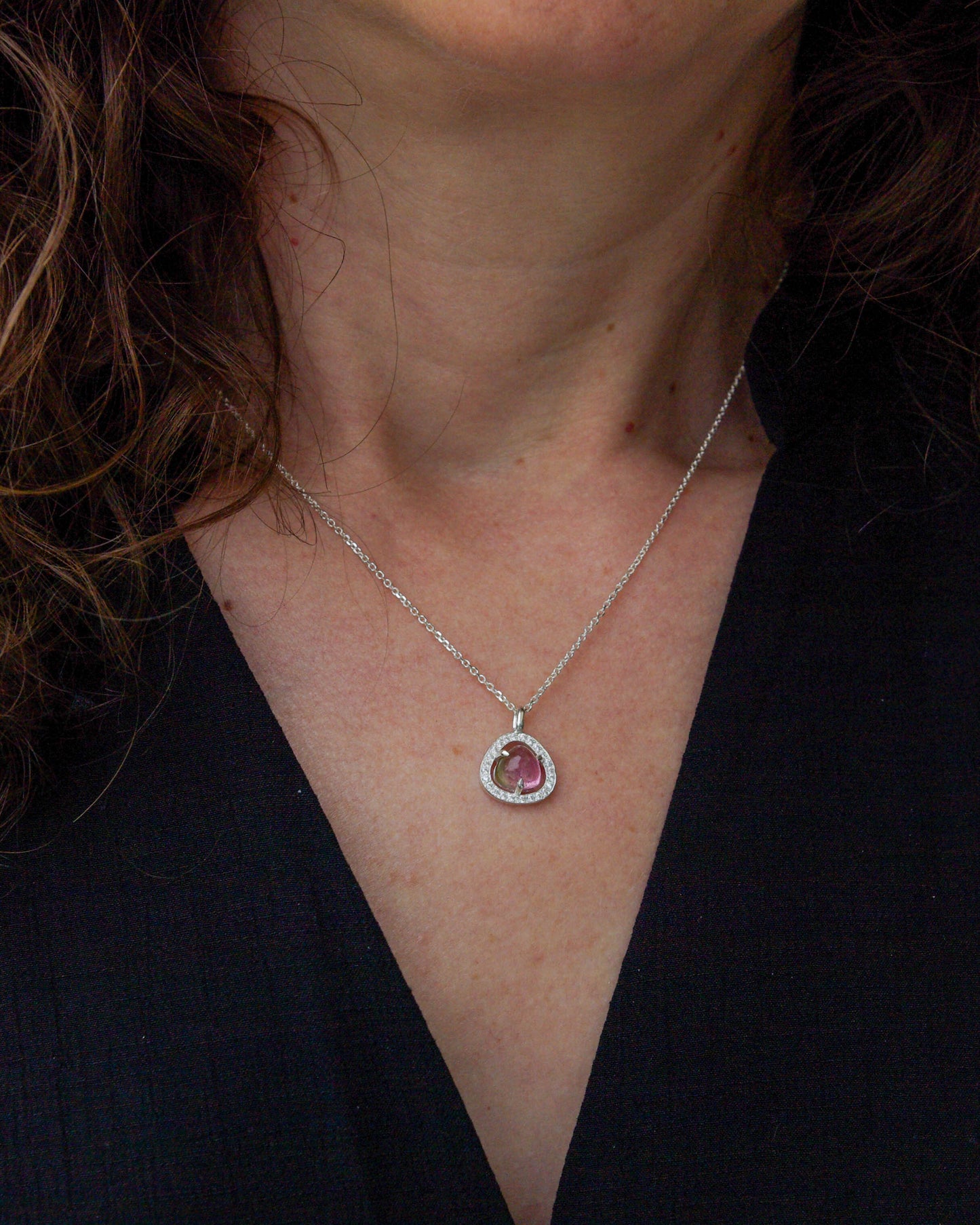 Pendentif en Argent – Tourmaline bicolore Watermelon oxydes de zirconium